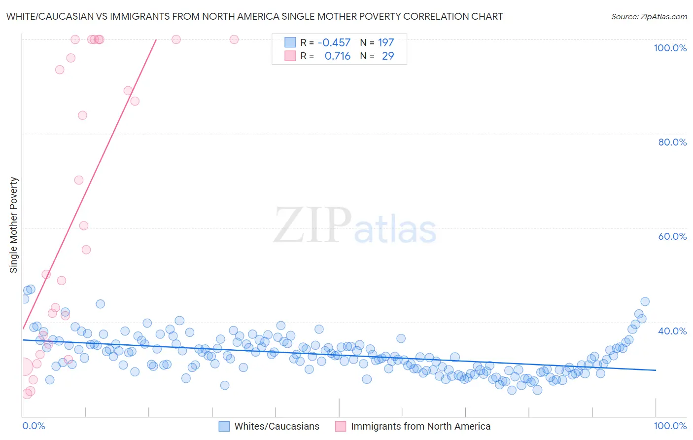 White/Caucasian vs Immigrants from North America Single Mother Poverty