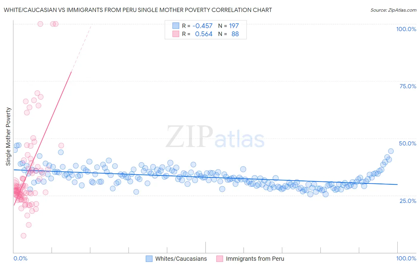 White/Caucasian vs Immigrants from Peru Single Mother Poverty
