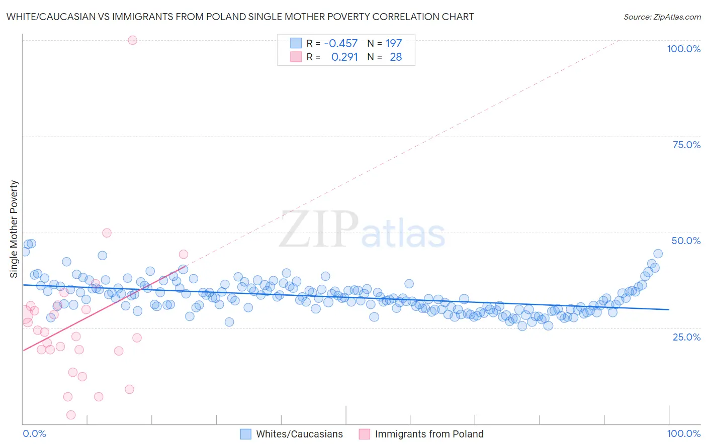 White/Caucasian vs Immigrants from Poland Single Mother Poverty
