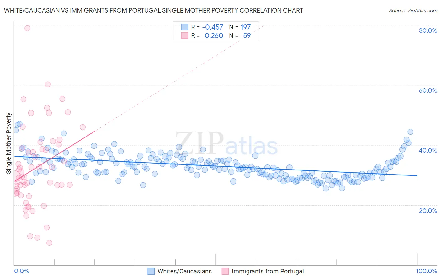 White/Caucasian vs Immigrants from Portugal Single Mother Poverty