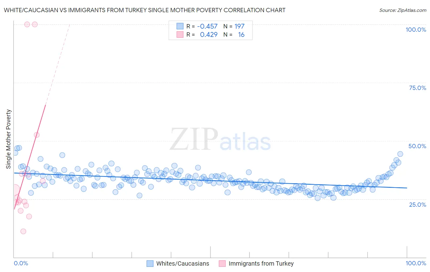 White/Caucasian vs Immigrants from Turkey Single Mother Poverty