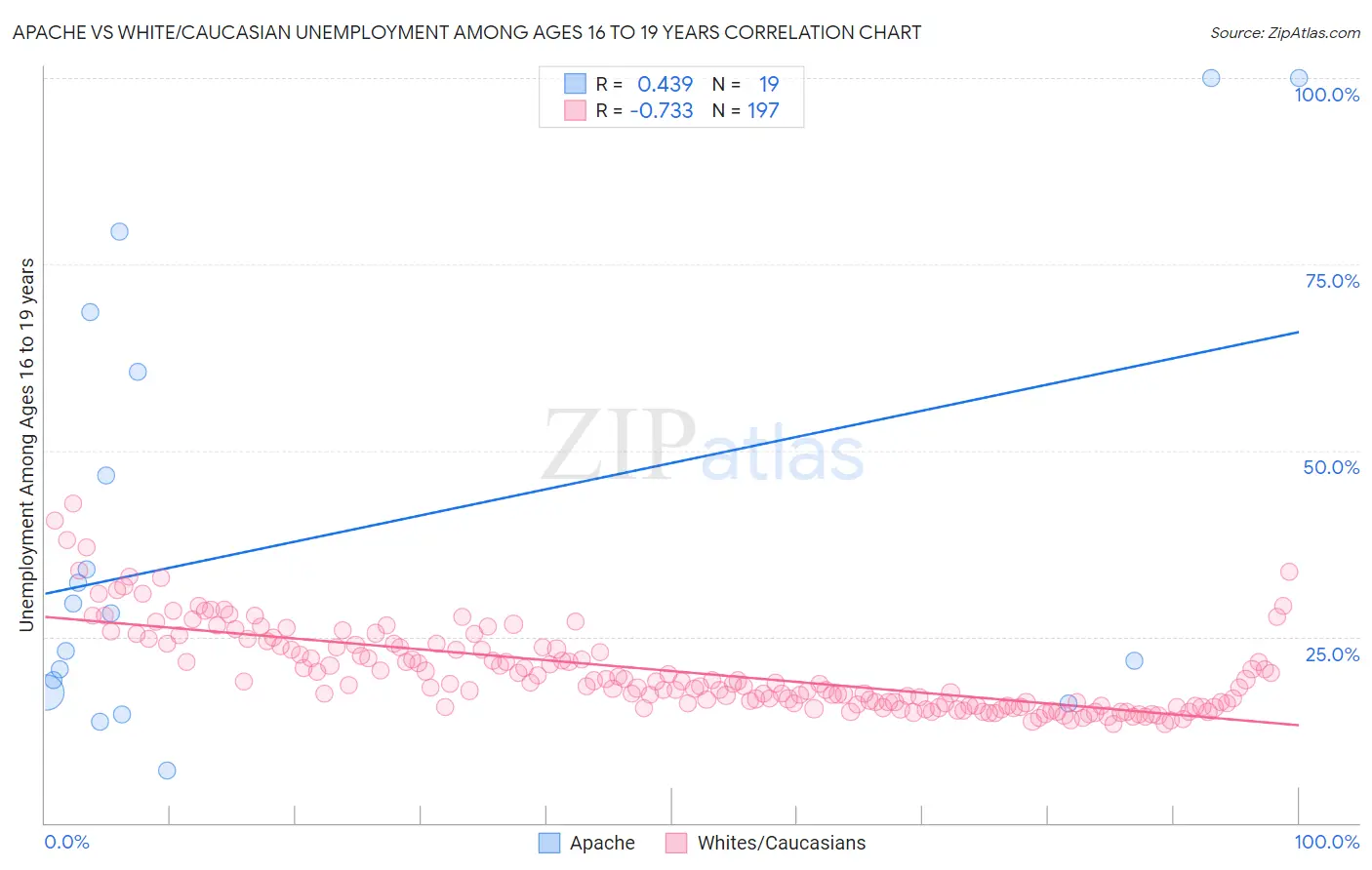 Apache vs White/Caucasian Unemployment Among Ages 16 to 19 years