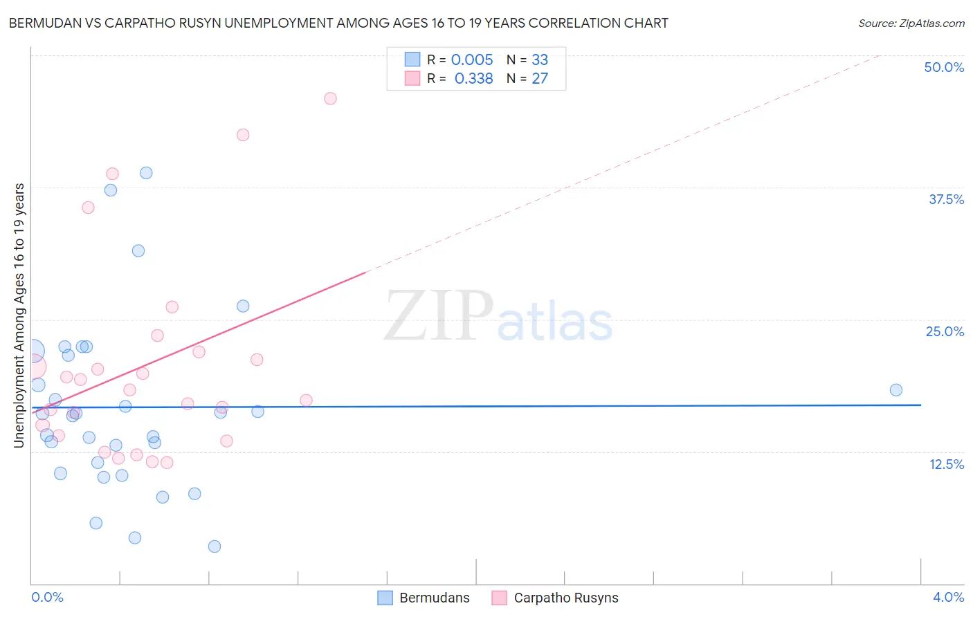 Bermudan vs Carpatho Rusyn Unemployment Among Ages 16 to 19 years