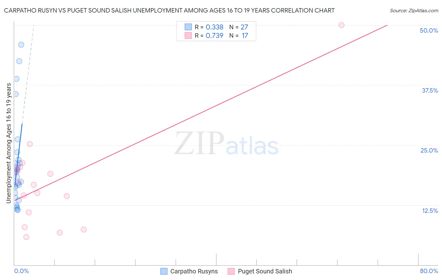 Carpatho Rusyn vs Puget Sound Salish Unemployment Among Ages 16 to 19 years