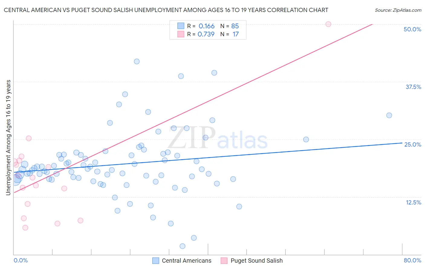 Central American vs Puget Sound Salish Unemployment Among Ages 16 to 19 years