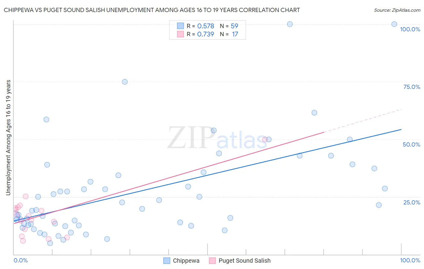Chippewa vs Puget Sound Salish Unemployment Among Ages 16 to 19 years