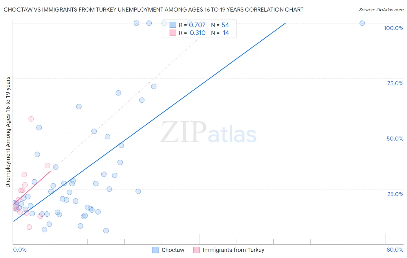 Choctaw vs Immigrants from Turkey Unemployment Among Ages 16 to 19 years