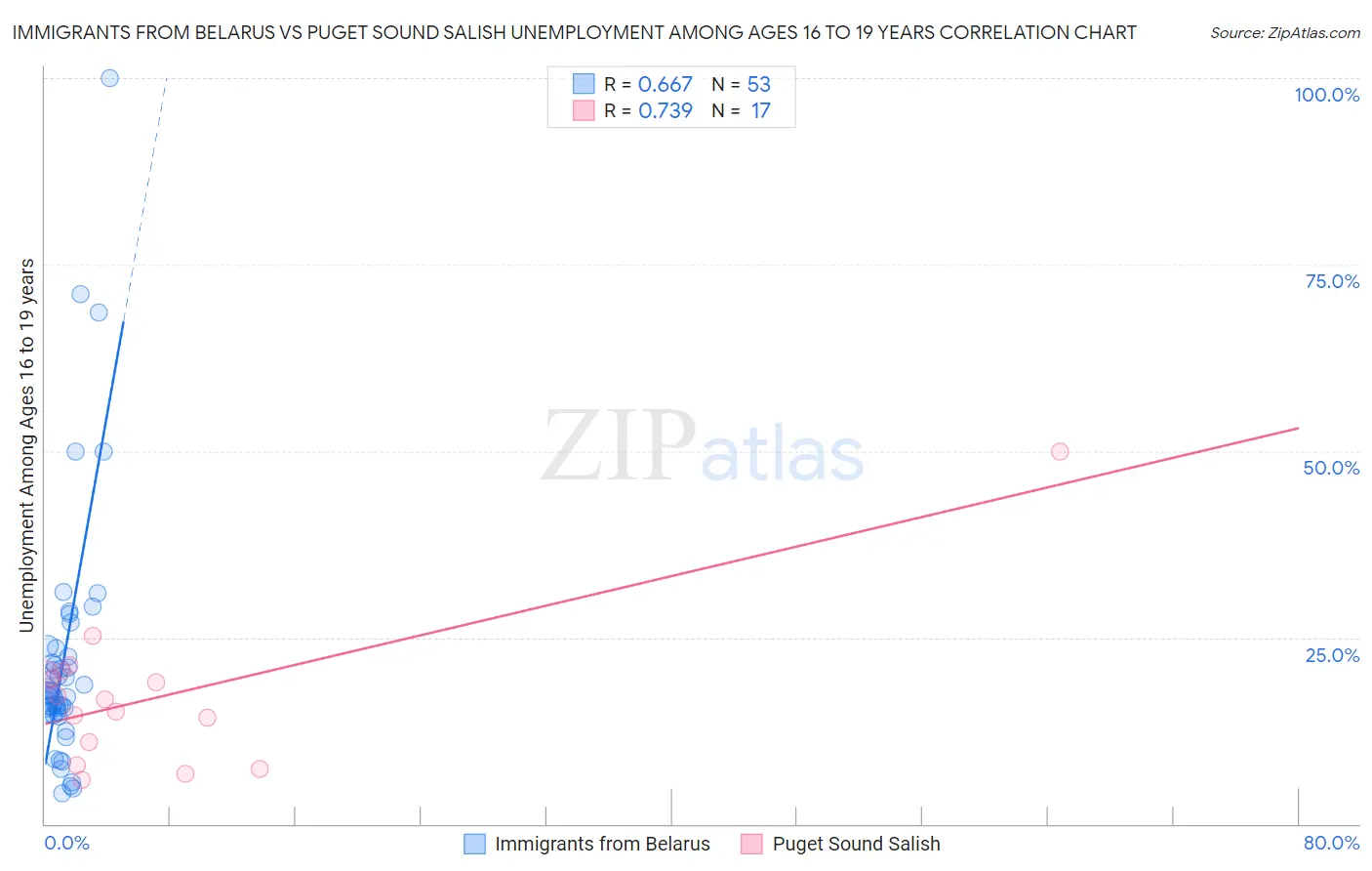 Immigrants from Belarus vs Puget Sound Salish Unemployment Among Ages 16 to 19 years