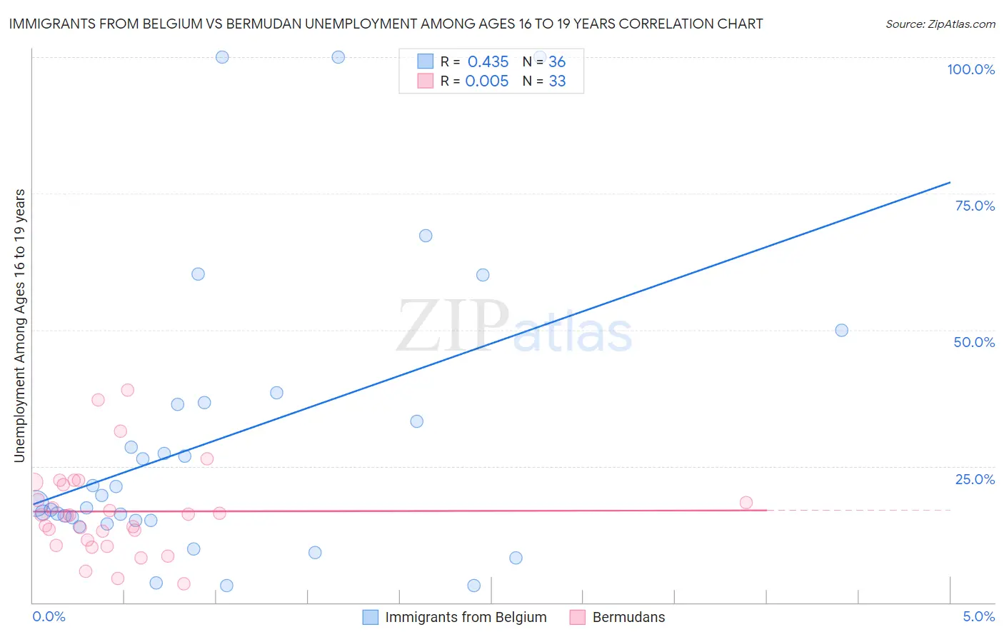 Immigrants from Belgium vs Bermudan Unemployment Among Ages 16 to 19 years