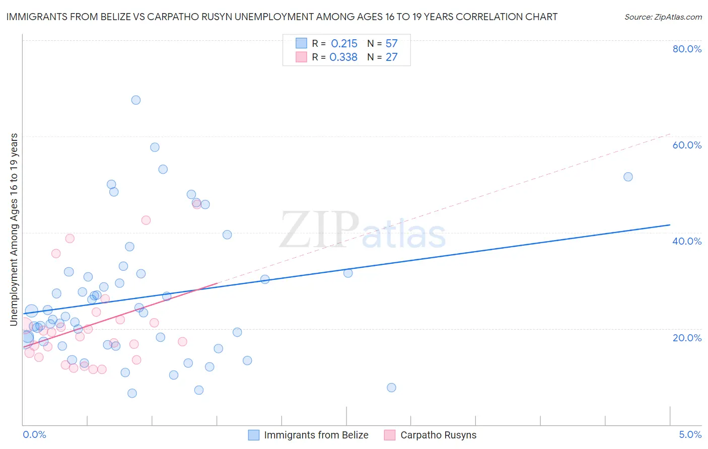 Immigrants from Belize vs Carpatho Rusyn Unemployment Among Ages 16 to 19 years