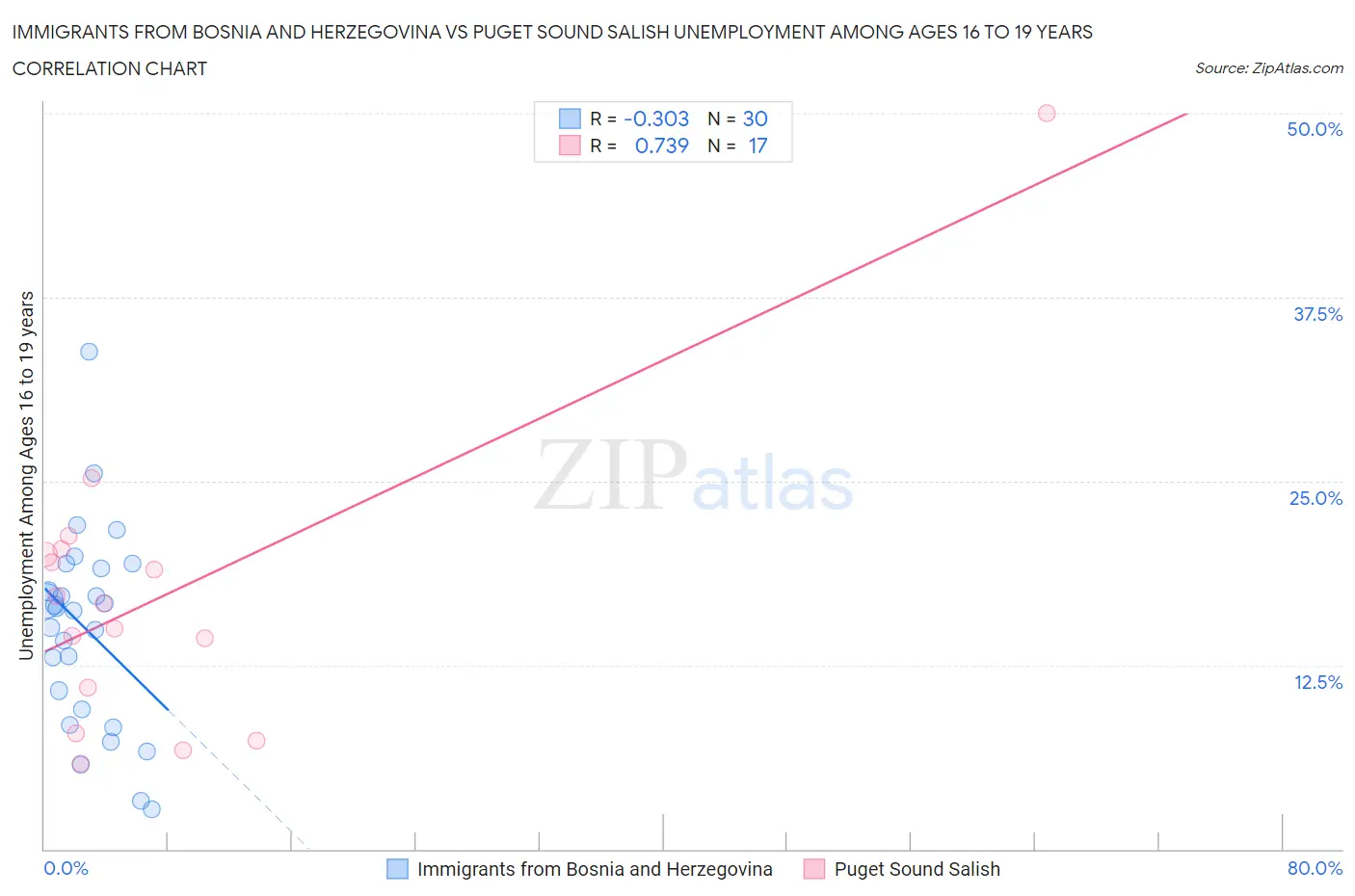 Immigrants from Bosnia and Herzegovina vs Puget Sound Salish Unemployment Among Ages 16 to 19 years