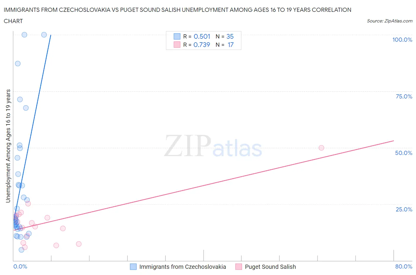 Immigrants from Czechoslovakia vs Puget Sound Salish Unemployment Among Ages 16 to 19 years