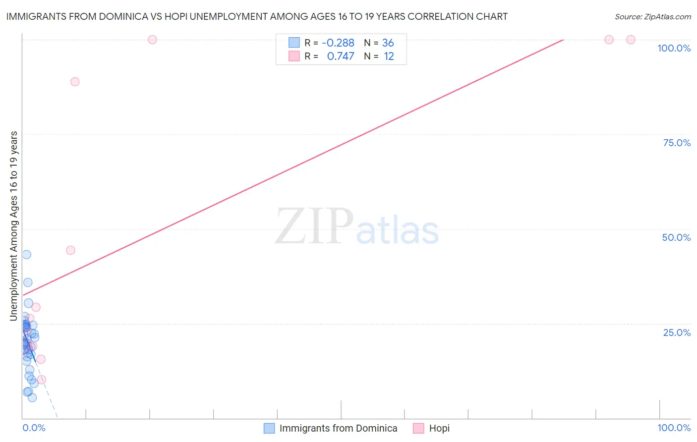 Immigrants from Dominica vs Hopi Unemployment Among Ages 16 to 19 years