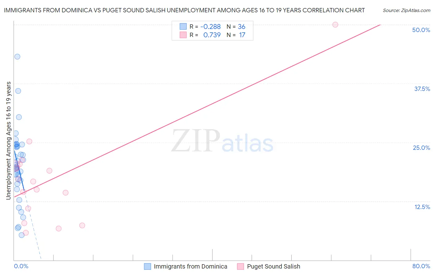 Immigrants from Dominica vs Puget Sound Salish Unemployment Among Ages 16 to 19 years