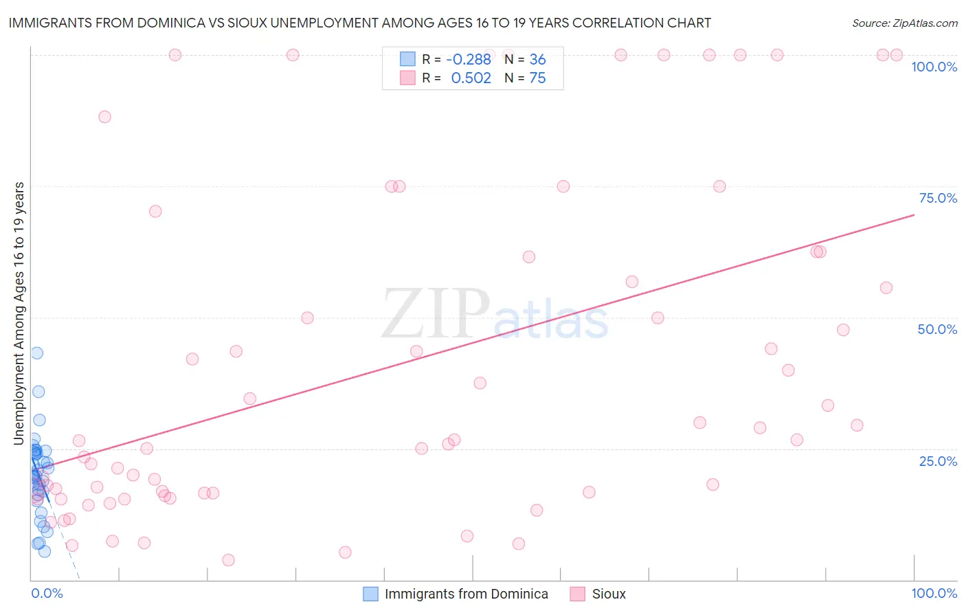 Immigrants from Dominica vs Sioux Unemployment Among Ages 16 to 19 years