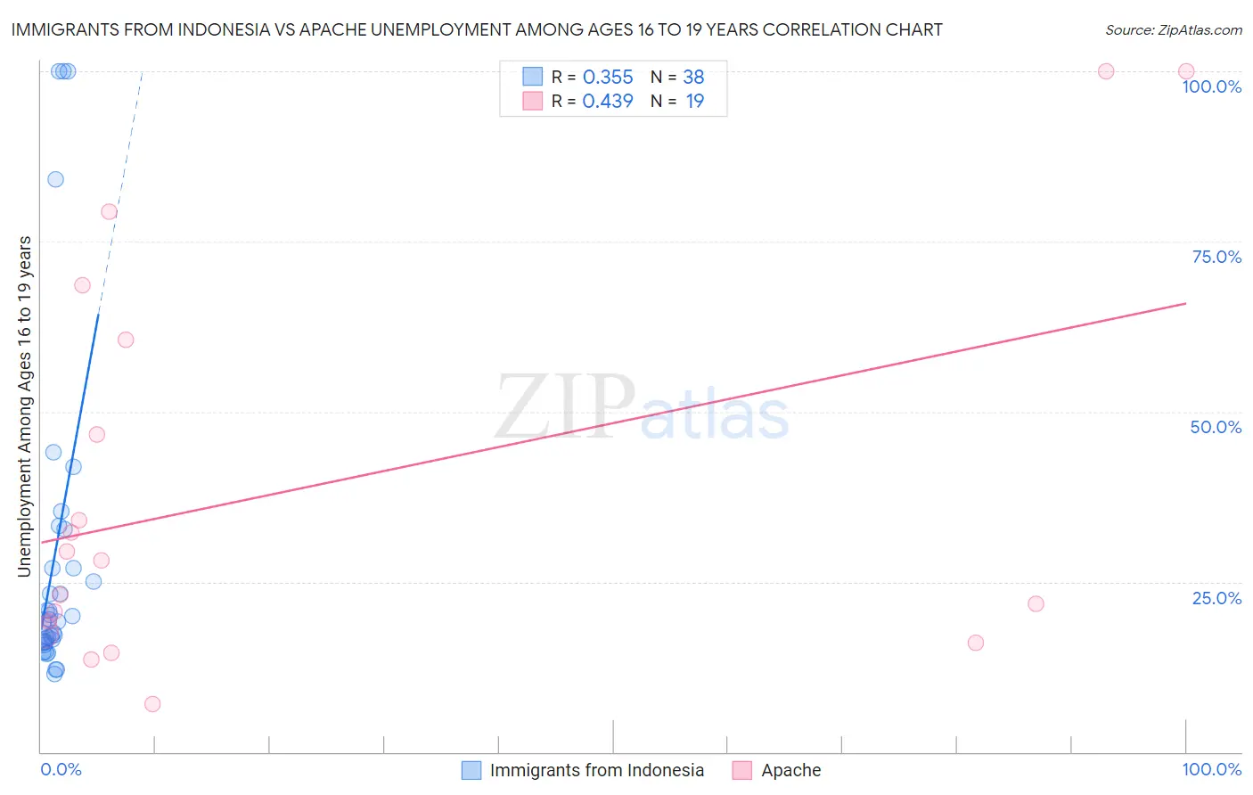 Immigrants from Indonesia vs Apache Unemployment Among Ages 16 to 19 years