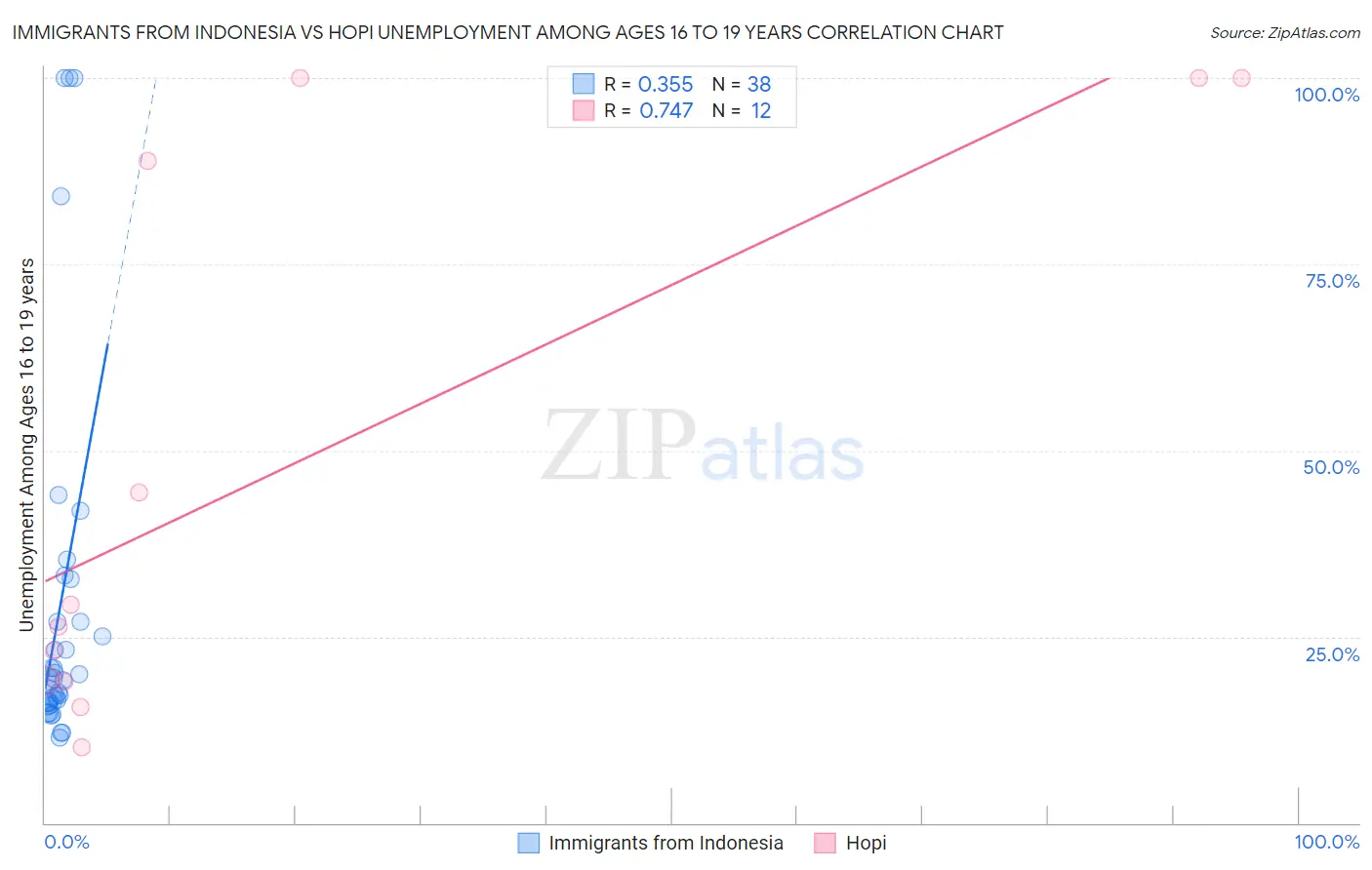 Immigrants from Indonesia vs Hopi Unemployment Among Ages 16 to 19 years