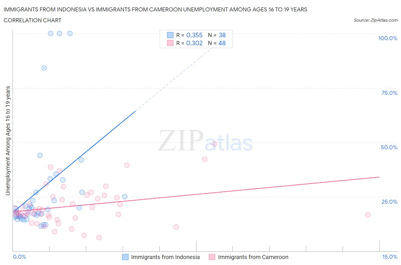 Immigrants from Indonesia vs Immigrants from Cameroon Unemployment Among Ages 16 to 19 years