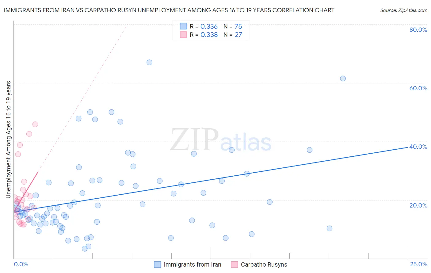 Immigrants from Iran vs Carpatho Rusyn Unemployment Among Ages 16 to 19 years