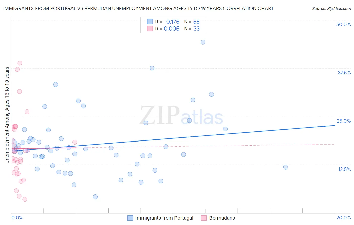 Immigrants from Portugal vs Bermudan Unemployment Among Ages 16 to 19 years