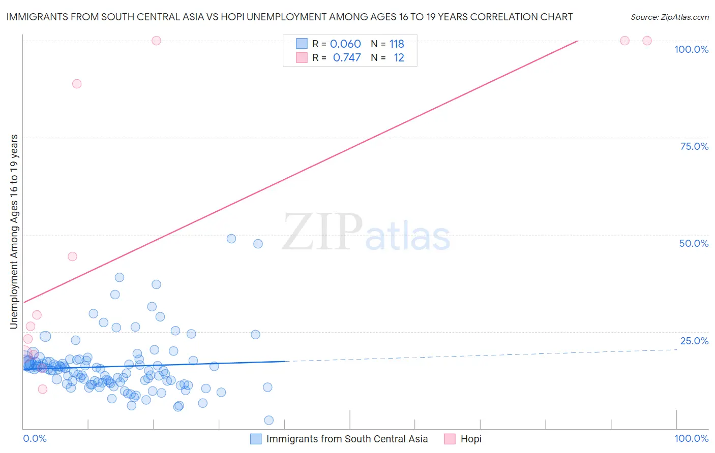 Immigrants from South Central Asia vs Hopi Unemployment Among Ages 16 to 19 years