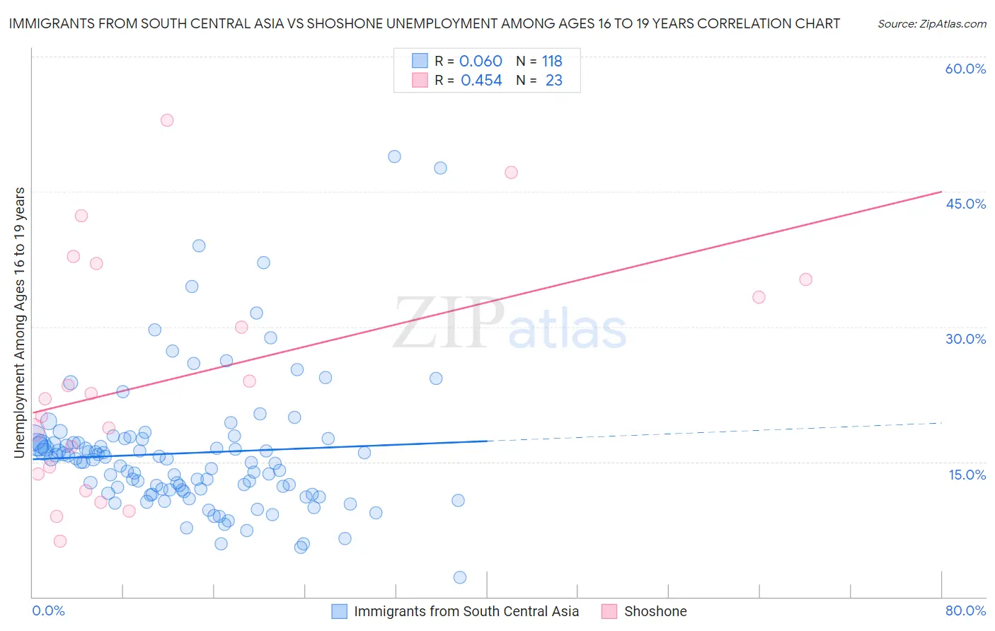 Immigrants from South Central Asia vs Shoshone Unemployment Among Ages 16 to 19 years