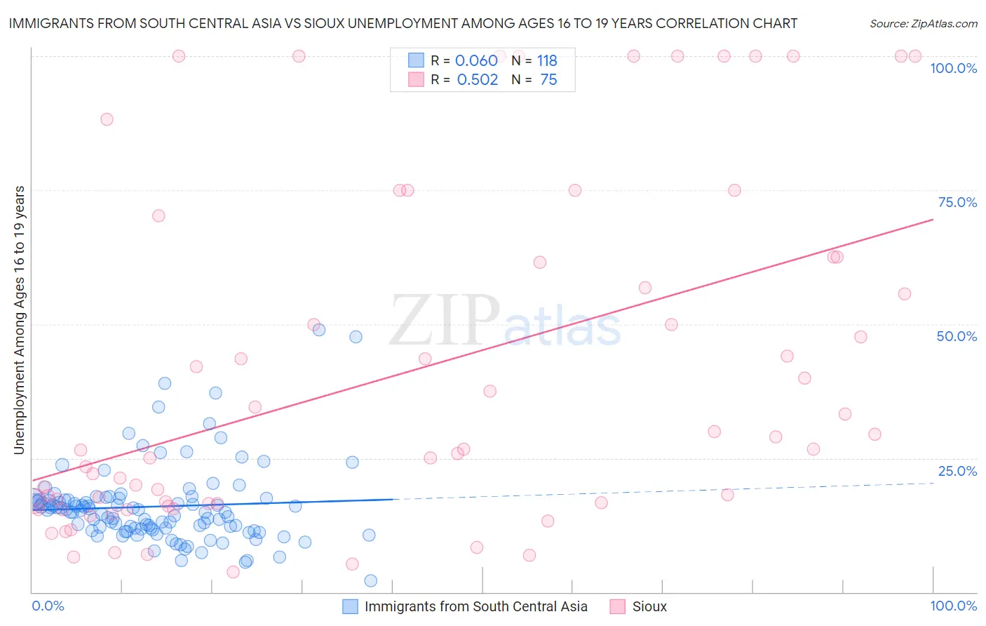 Immigrants from South Central Asia vs Sioux Unemployment Among Ages 16 to 19 years