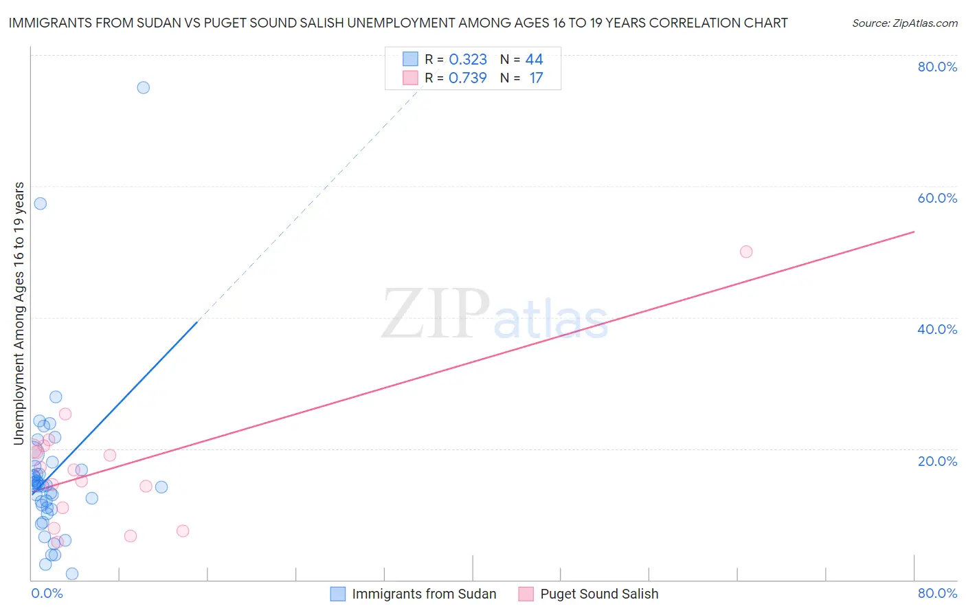 Immigrants from Sudan vs Puget Sound Salish Unemployment Among Ages 16 to 19 years