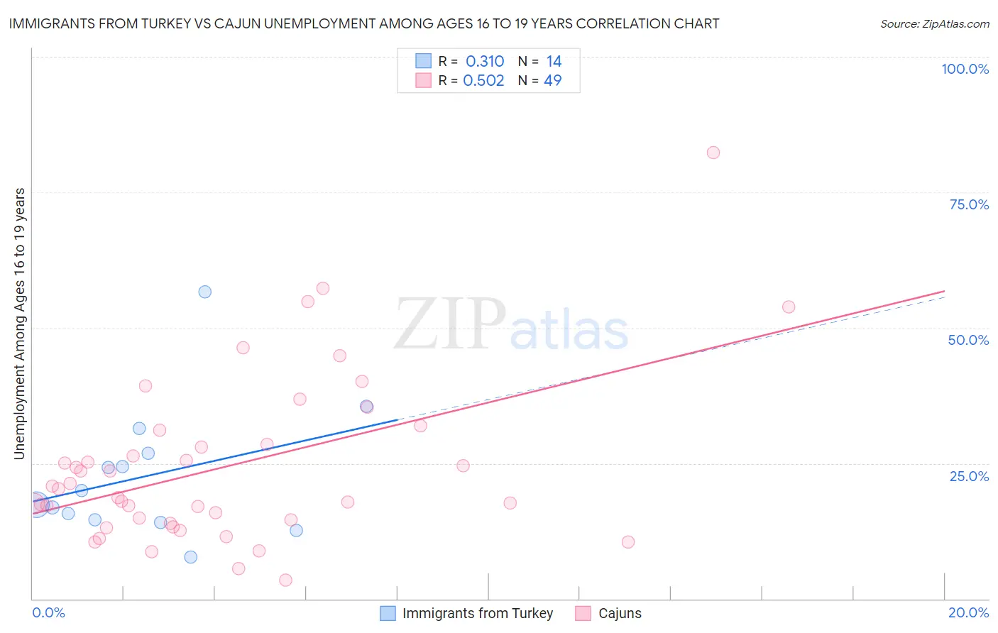 Immigrants from Turkey vs Cajun Unemployment Among Ages 16 to 19 years
