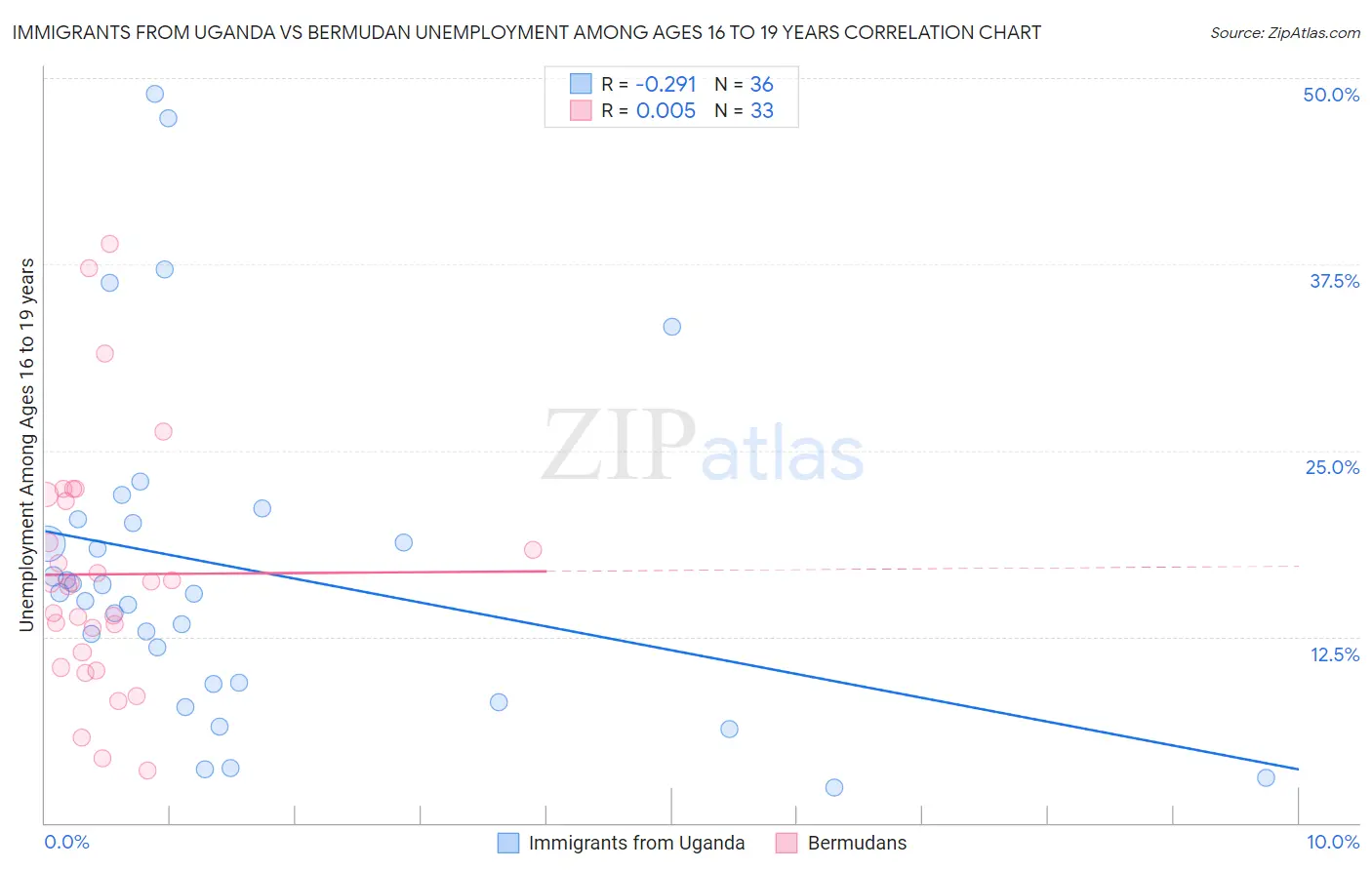 Immigrants from Uganda vs Bermudan Unemployment Among Ages 16 to 19 years