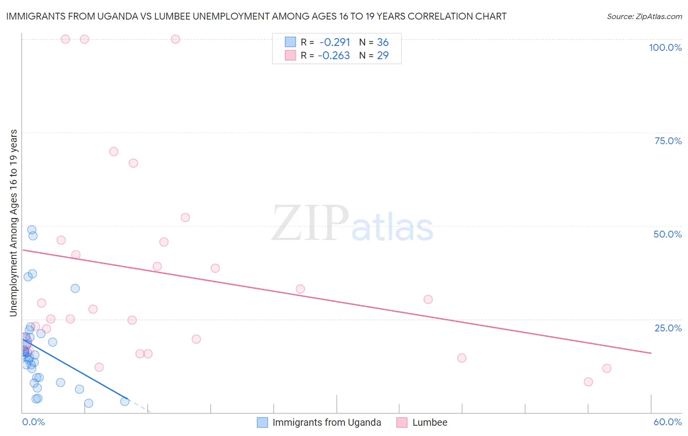 Immigrants from Uganda vs Lumbee Unemployment Among Ages 16 to 19 years