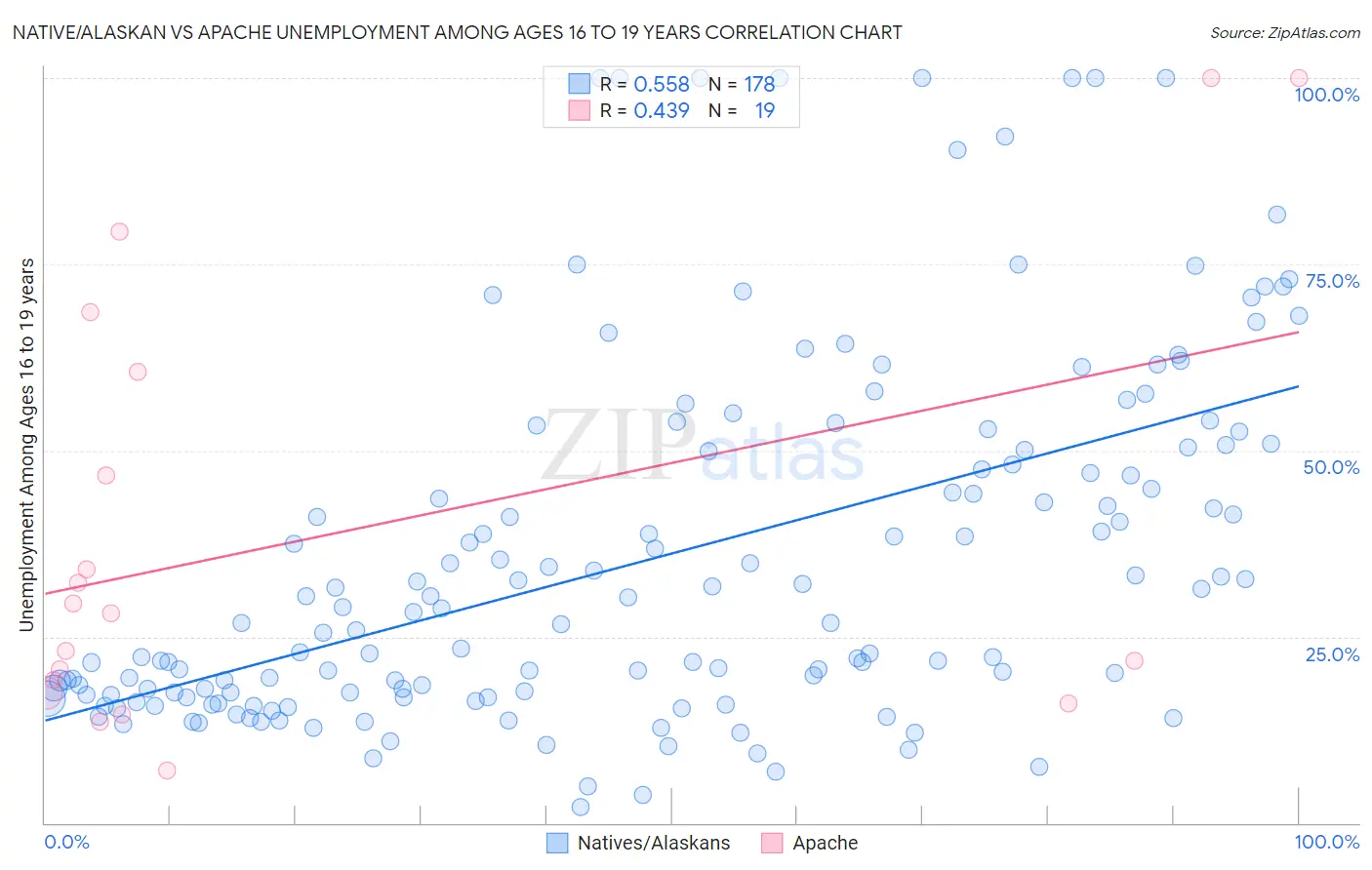 Native/Alaskan vs Apache Unemployment Among Ages 16 to 19 years