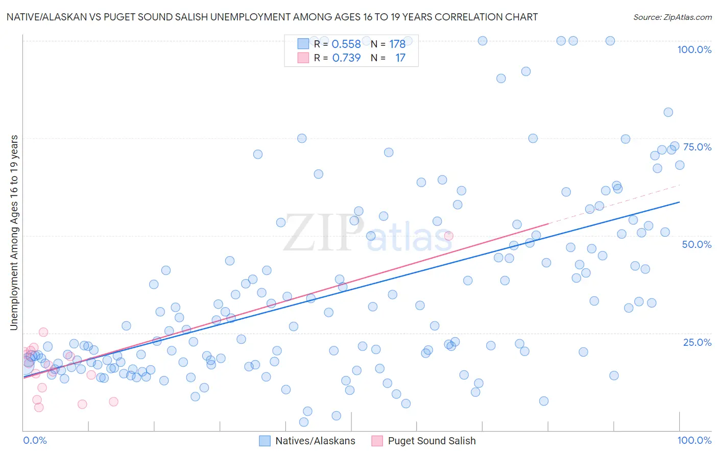 Native/Alaskan vs Puget Sound Salish Unemployment Among Ages 16 to 19 years