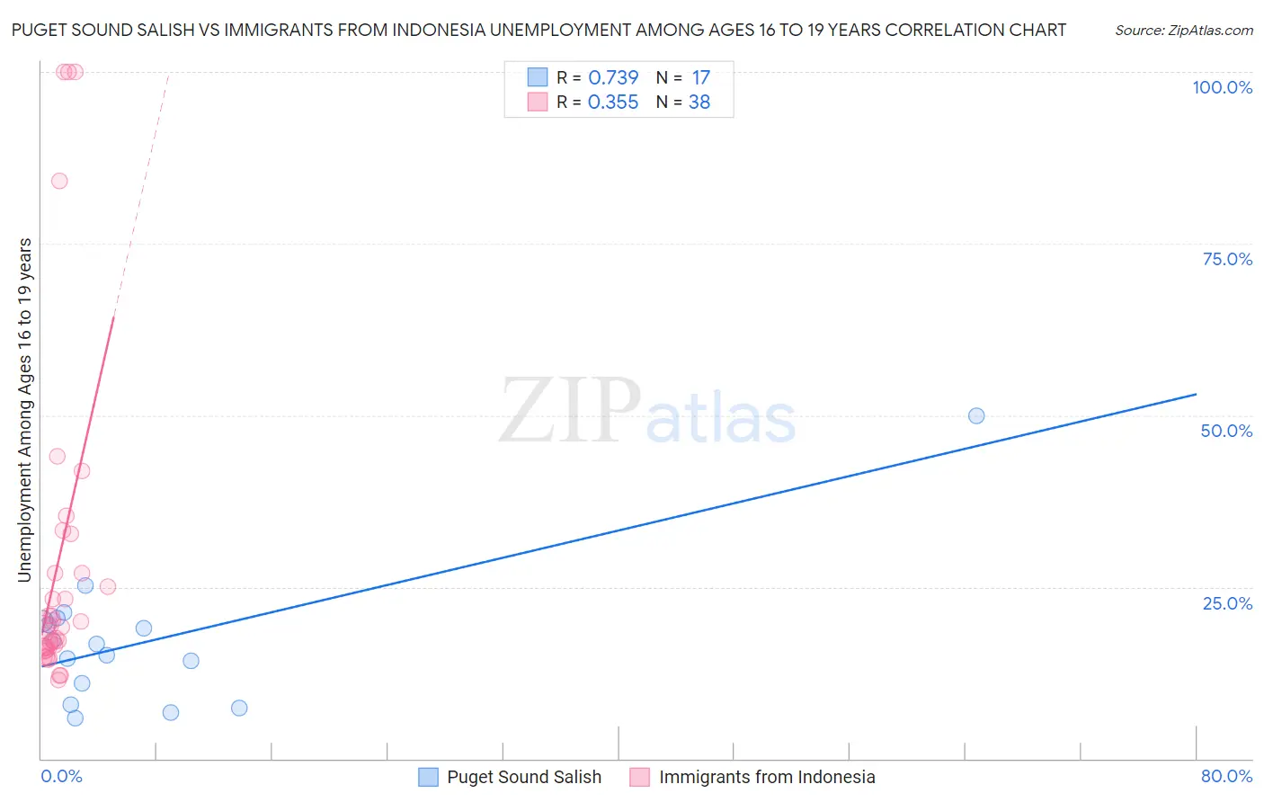 Puget Sound Salish vs Immigrants from Indonesia Unemployment Among Ages 16 to 19 years