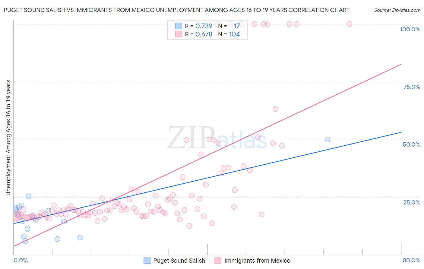 Puget Sound Salish vs Immigrants from Mexico Unemployment Among Ages 16 to 19 years