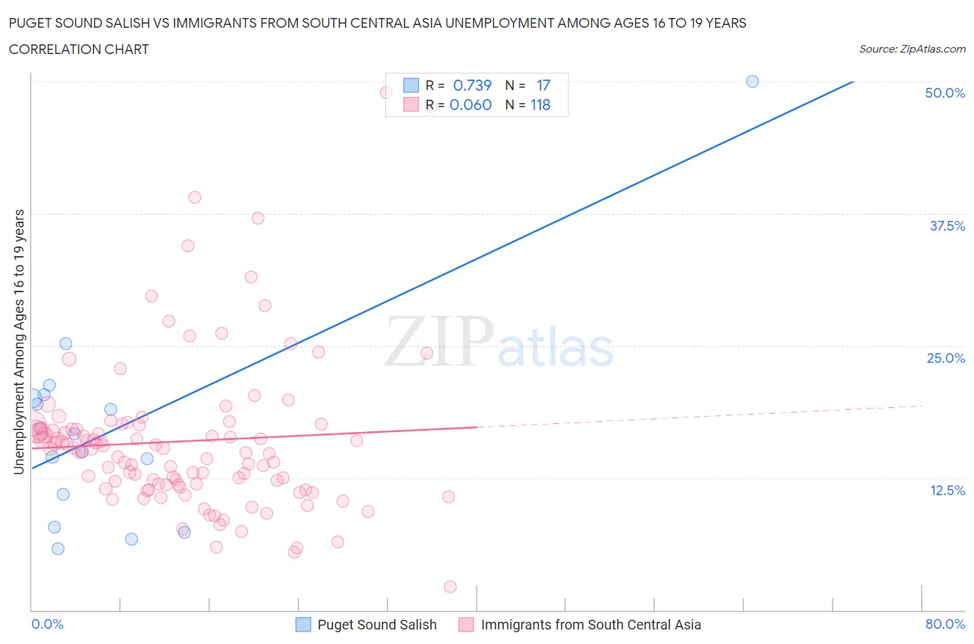 Puget Sound Salish vs Immigrants from South Central Asia Unemployment Among Ages 16 to 19 years