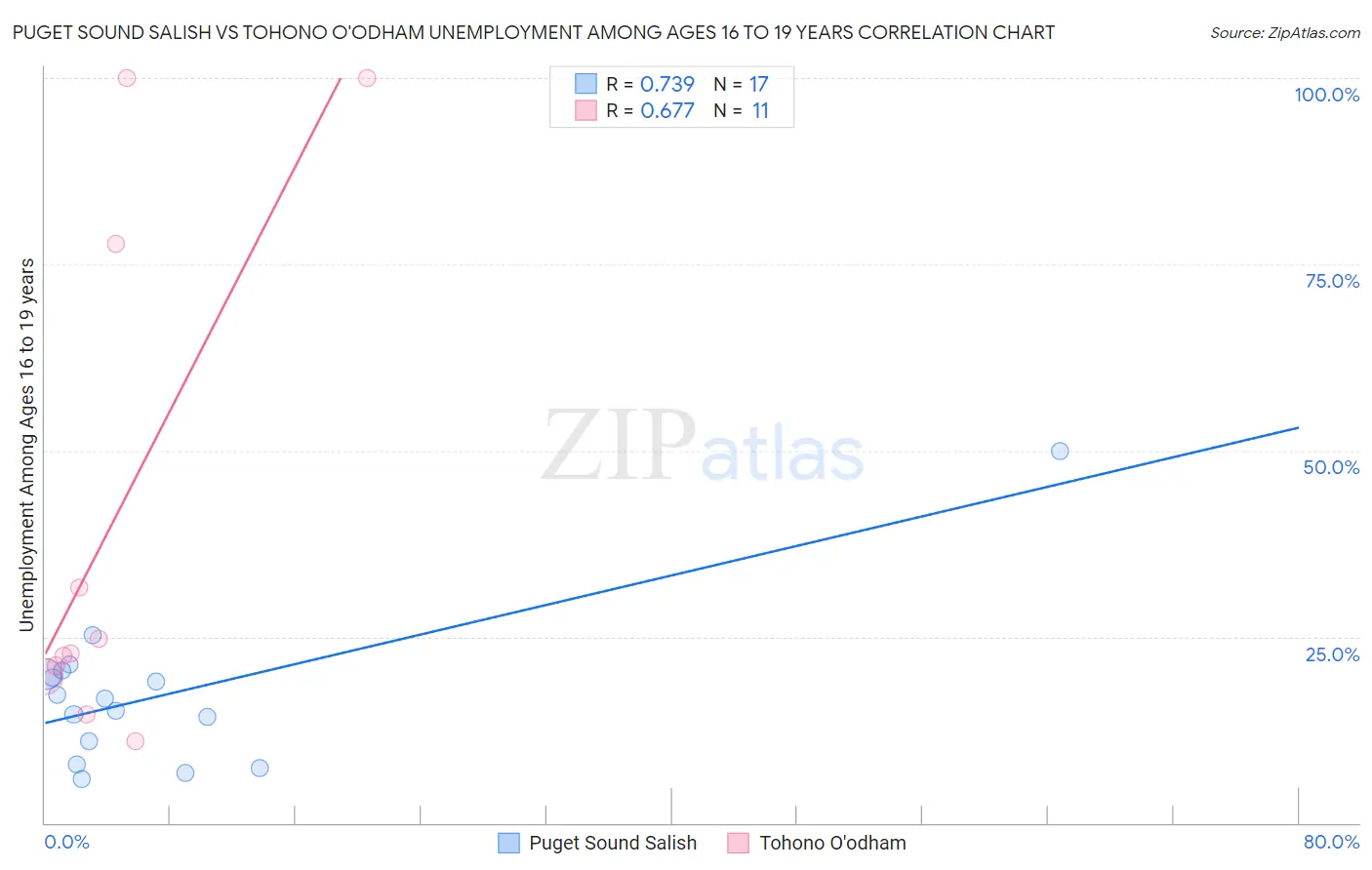 Puget Sound Salish vs Tohono O'odham Unemployment Among Ages 16 to 19 years