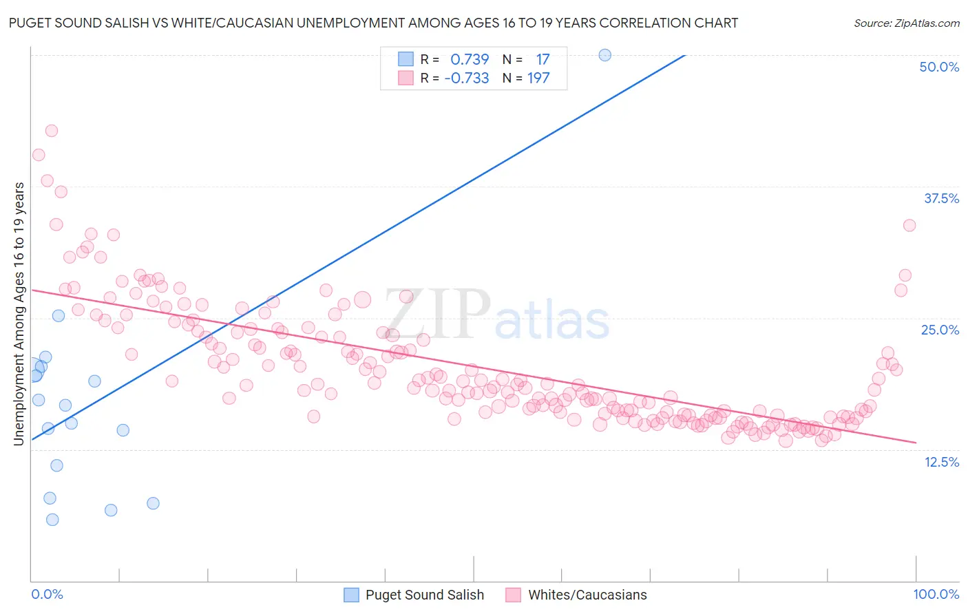 Puget Sound Salish vs White/Caucasian Unemployment Among Ages 16 to 19 years