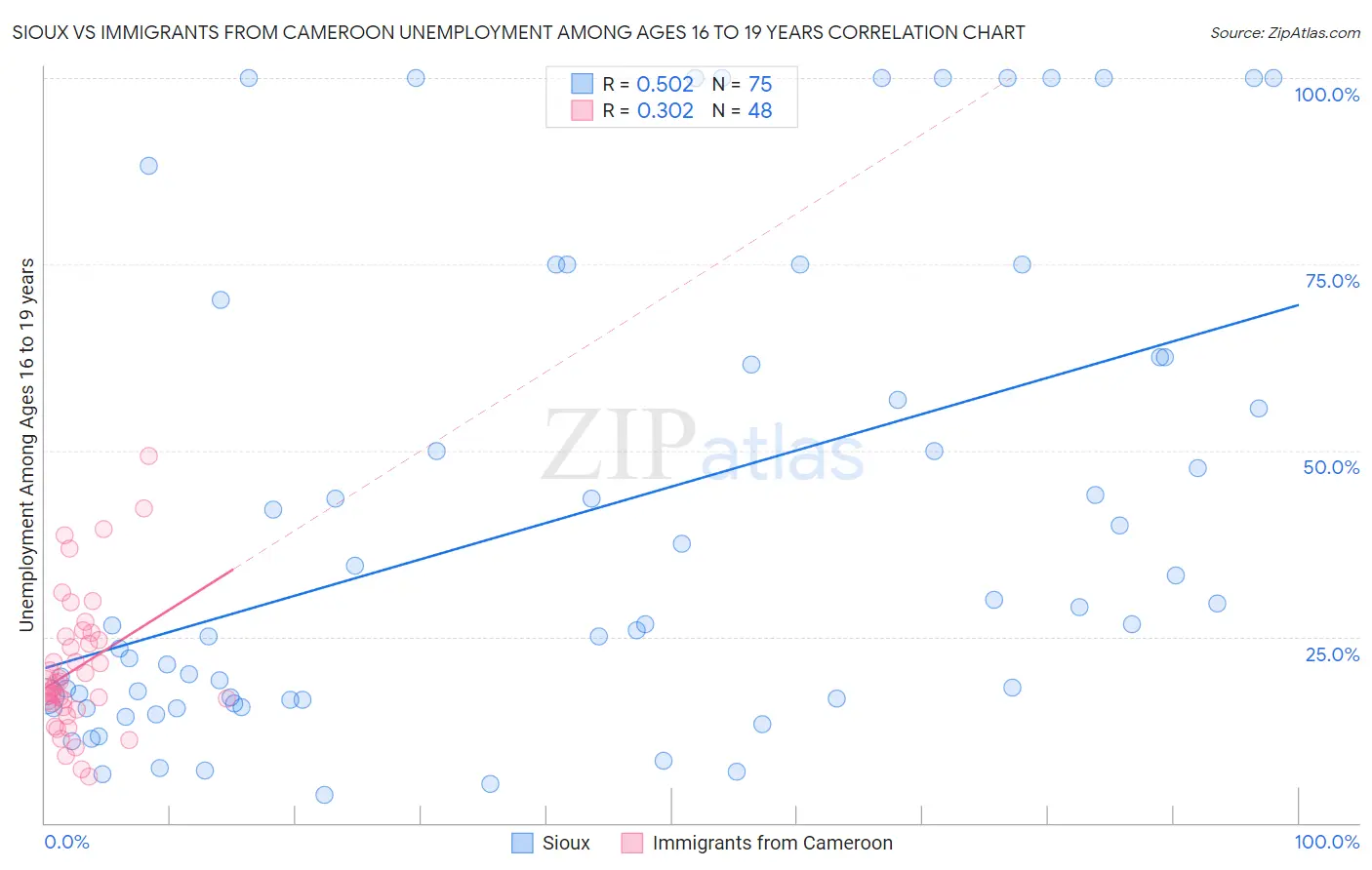 Sioux vs Immigrants from Cameroon Unemployment Among Ages 16 to 19 years