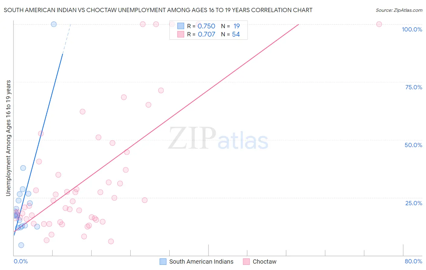 South American Indian vs Choctaw Unemployment Among Ages 16 to 19 years