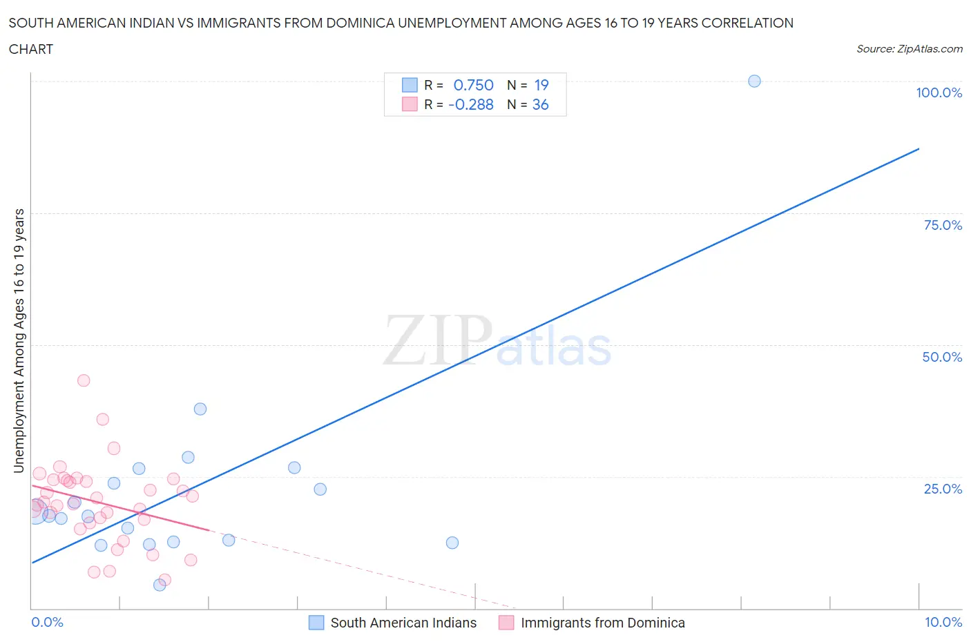 South American Indian vs Immigrants from Dominica Unemployment Among Ages 16 to 19 years