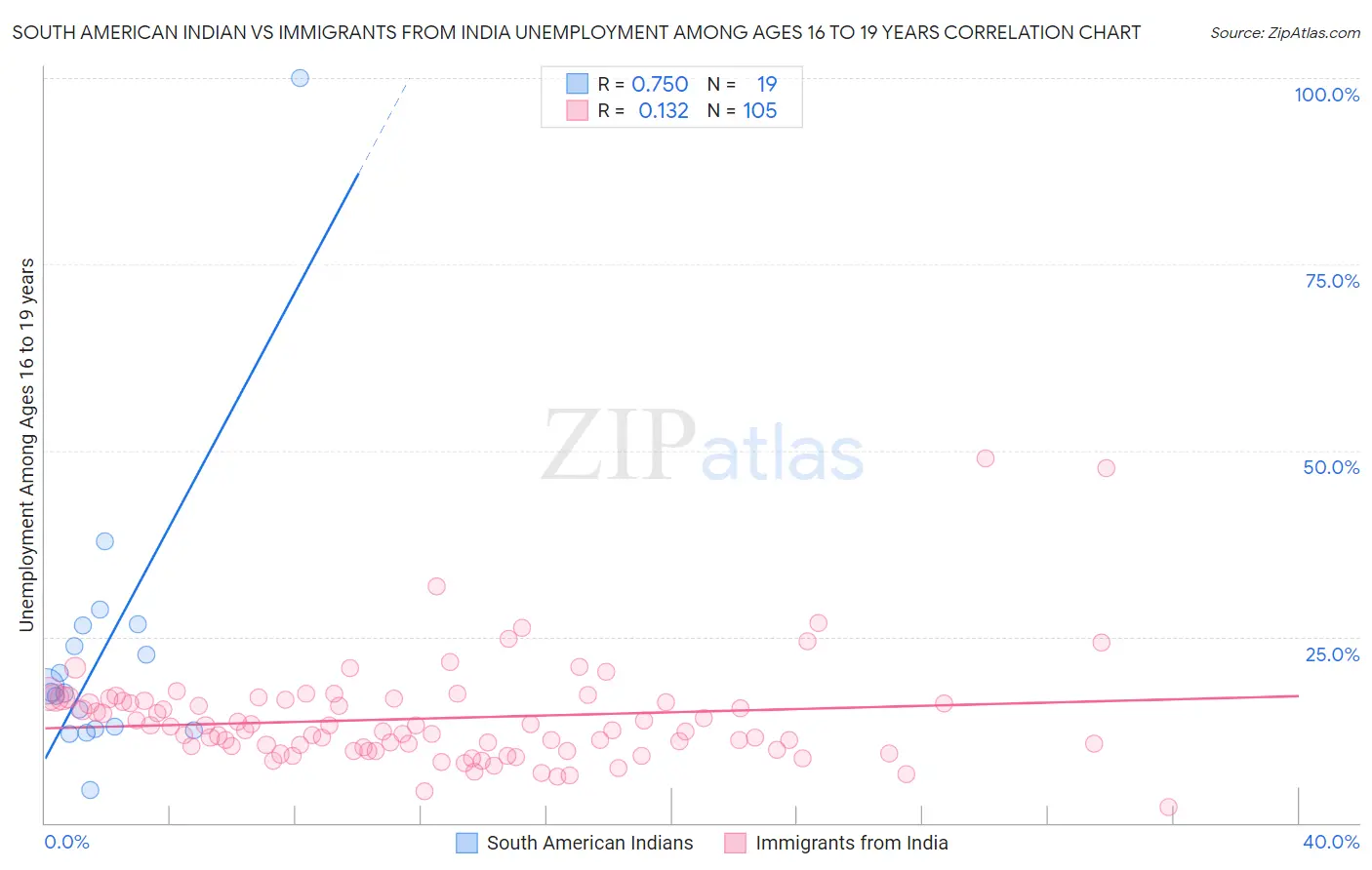 South American Indian vs Immigrants from India Unemployment Among Ages 16 to 19 years