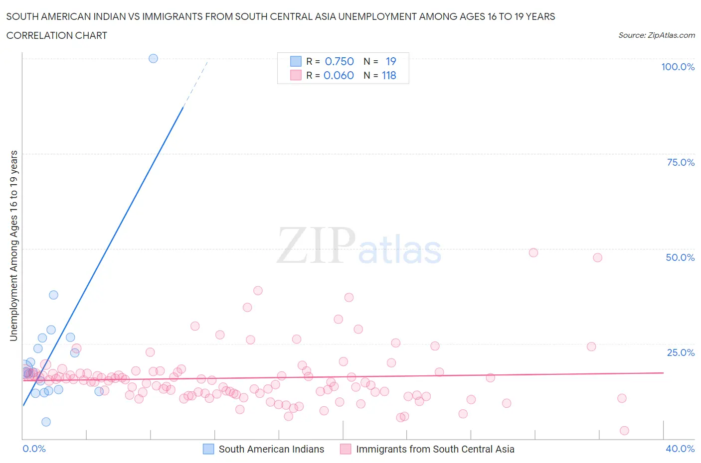 South American Indian vs Immigrants from South Central Asia Unemployment Among Ages 16 to 19 years