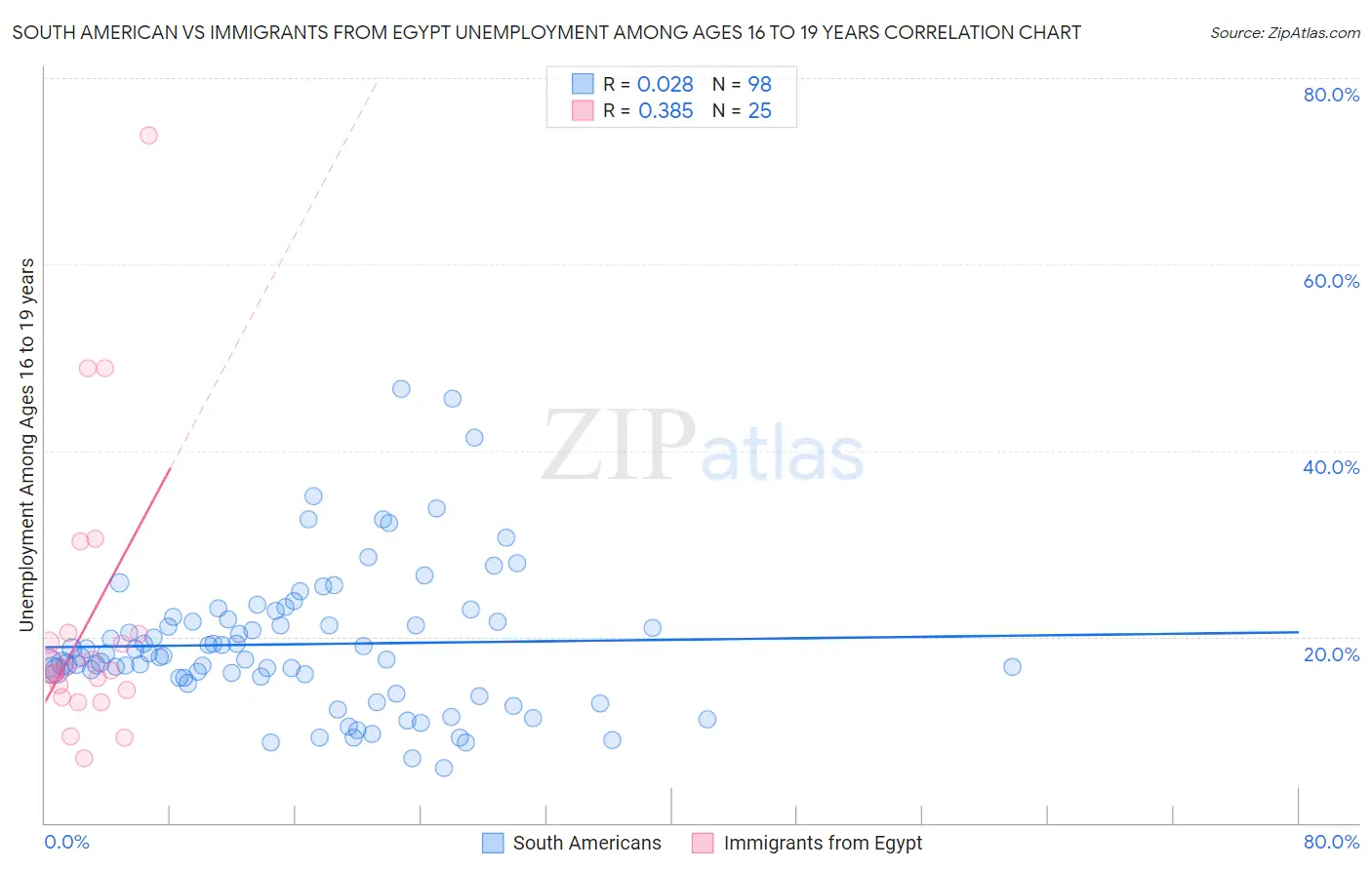 South American vs Immigrants from Egypt Unemployment Among Ages 16 to 19 years