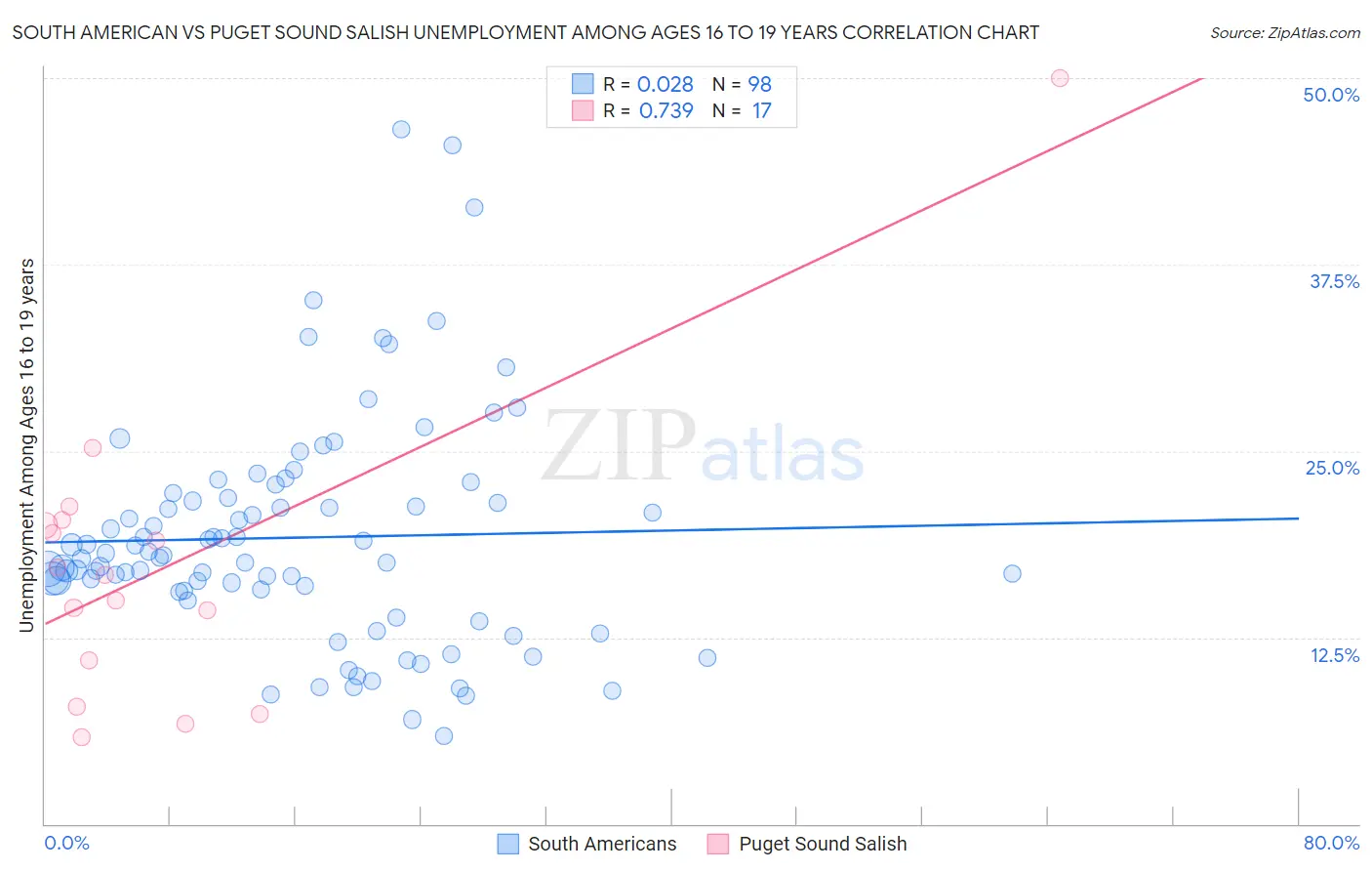 South American vs Puget Sound Salish Unemployment Among Ages 16 to 19 years