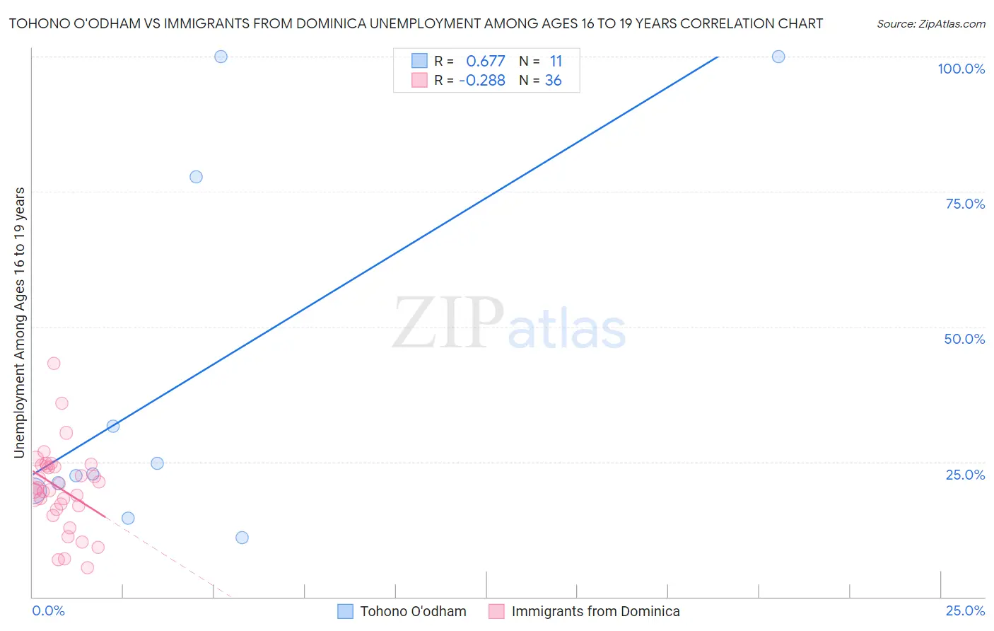 Tohono O'odham vs Immigrants from Dominica Unemployment Among Ages 16 to 19 years