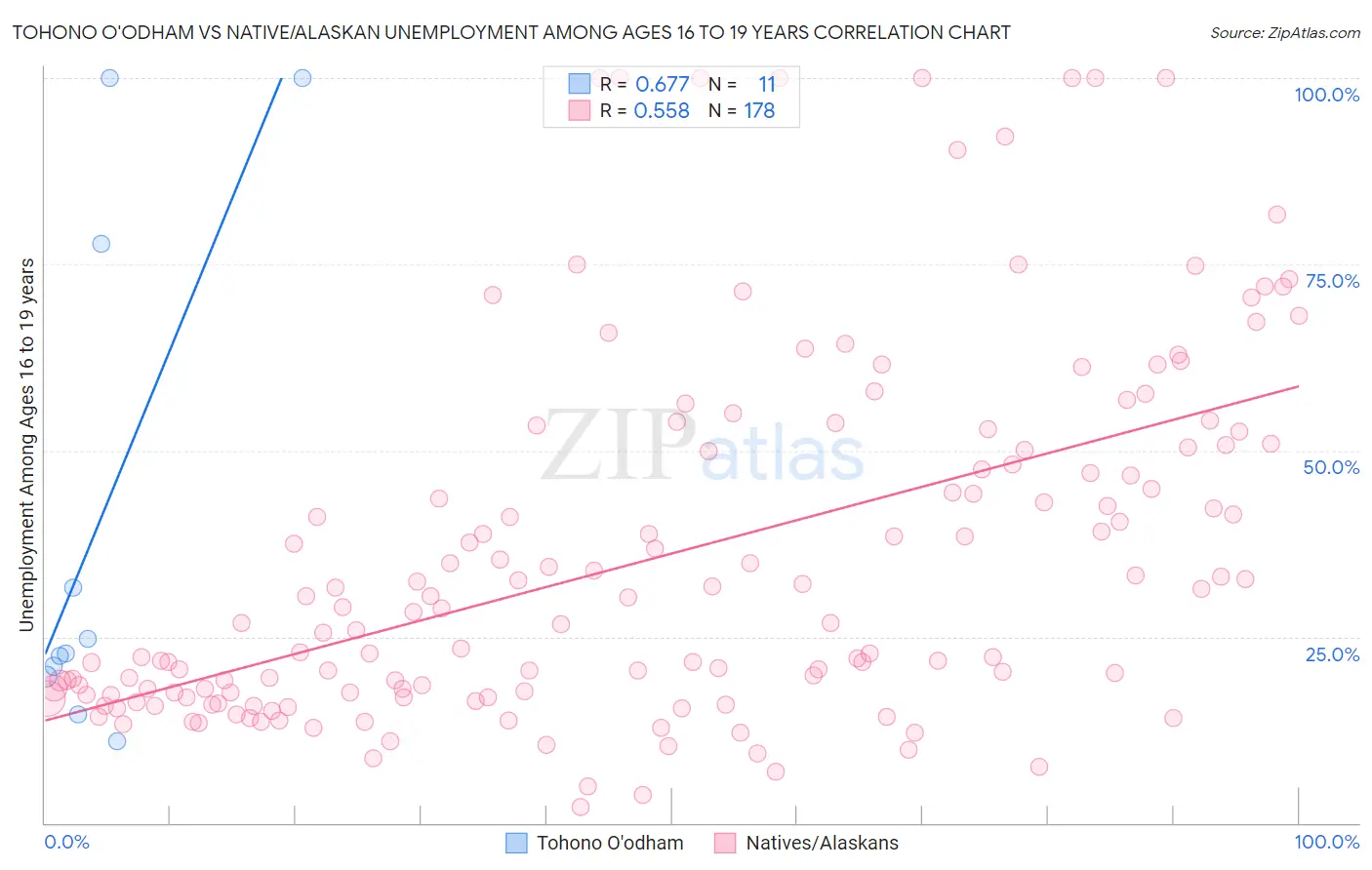 Tohono O'odham vs Native/Alaskan Unemployment Among Ages 16 to 19 years