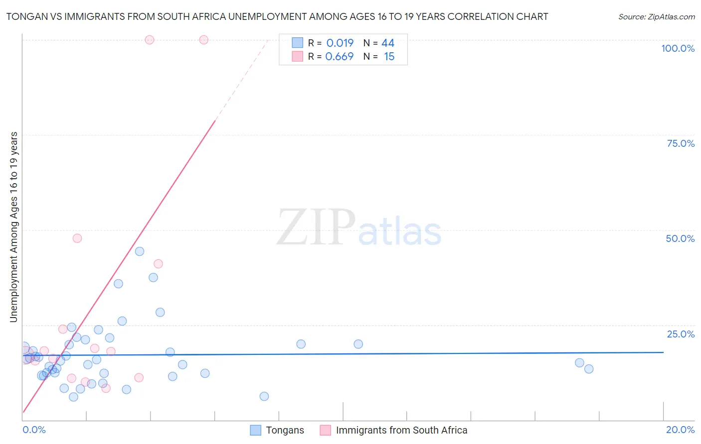 Tongan vs Immigrants from South Africa Unemployment Among Ages 16 to 19 years