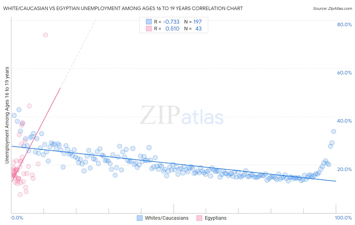 White/Caucasian vs Egyptian Unemployment Among Ages 16 to 19 years