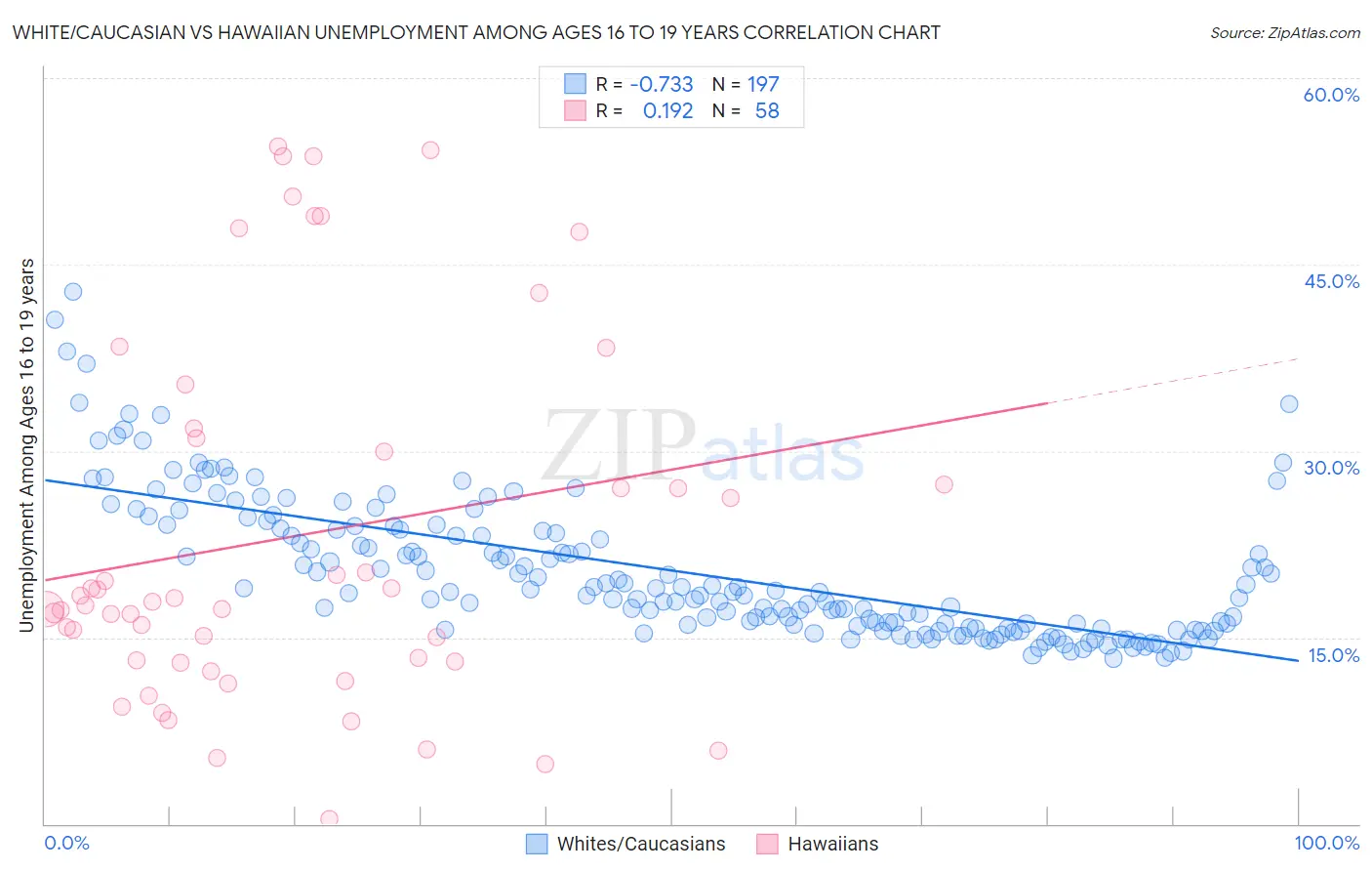 White/Caucasian vs Hawaiian Unemployment Among Ages 16 to 19 years